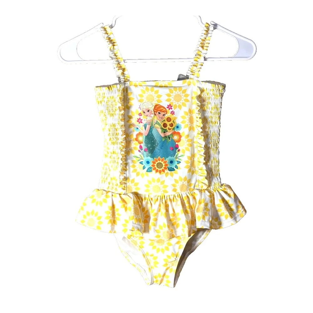 Disney‎ Store Frozen Princess Anna Elsa Swim Suit Yellow Floral 9/10 New
